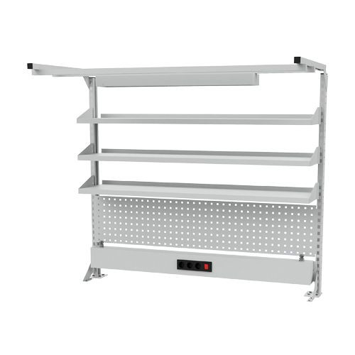 Multi-Wand-Aufbau Breite 1500 mit Obergestell, 1x Energiekanal, 1x Lochwand, 3x Fachboden