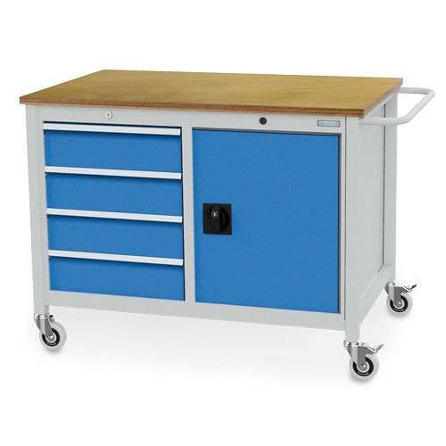 Mobile Werkbank Tiefe 736 mm, R 18-24, 4 x Schublade, 1 x Flügeltüre mit 1 x Fachboden