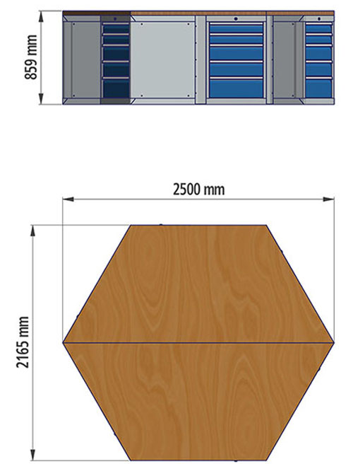 6-Eck-Arbeitsplatte, Breite 2500 mm